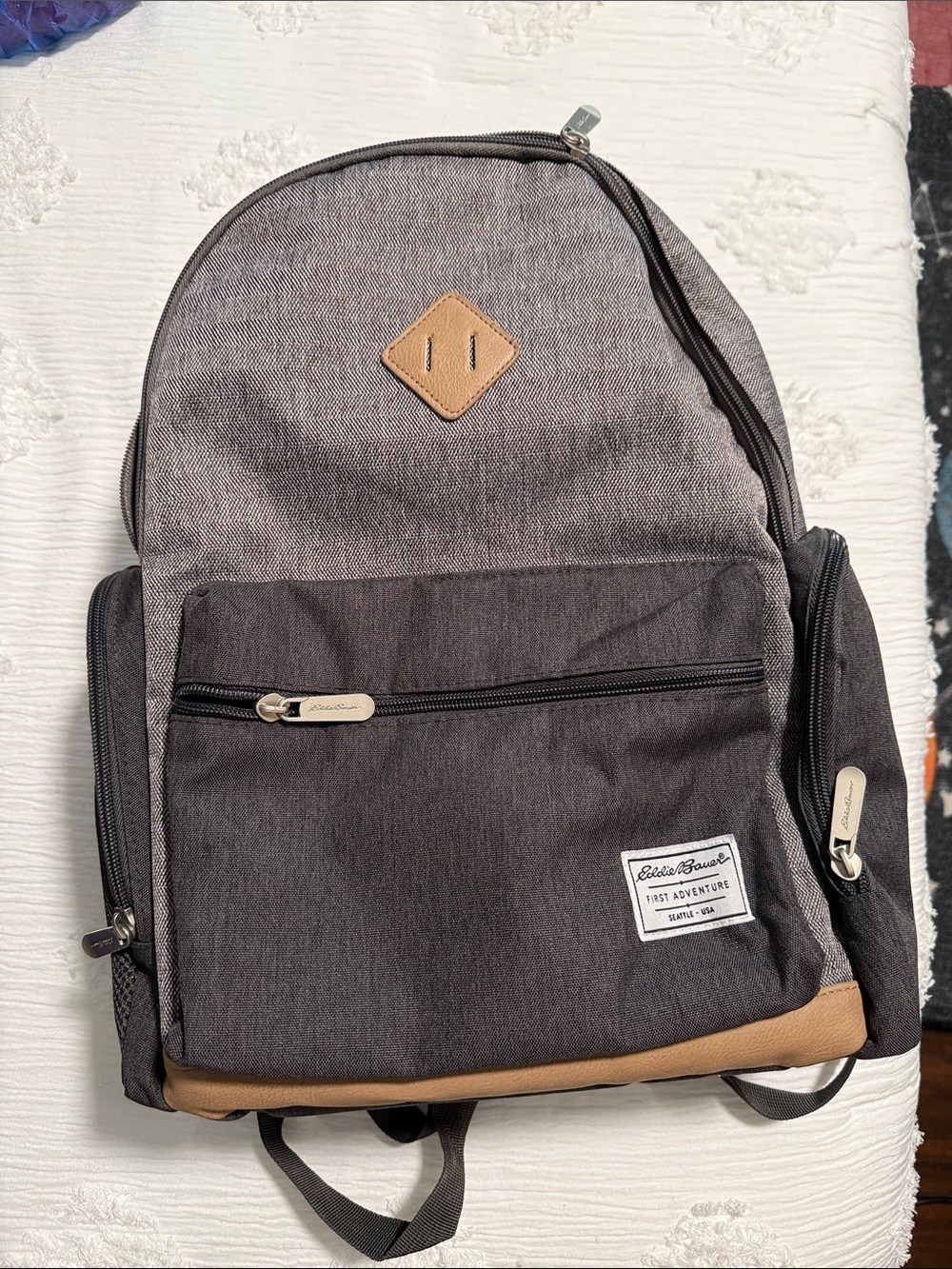 Eddie Bauer Two-Tone Gray Baby Bag Backpack with Tan Leather Accents